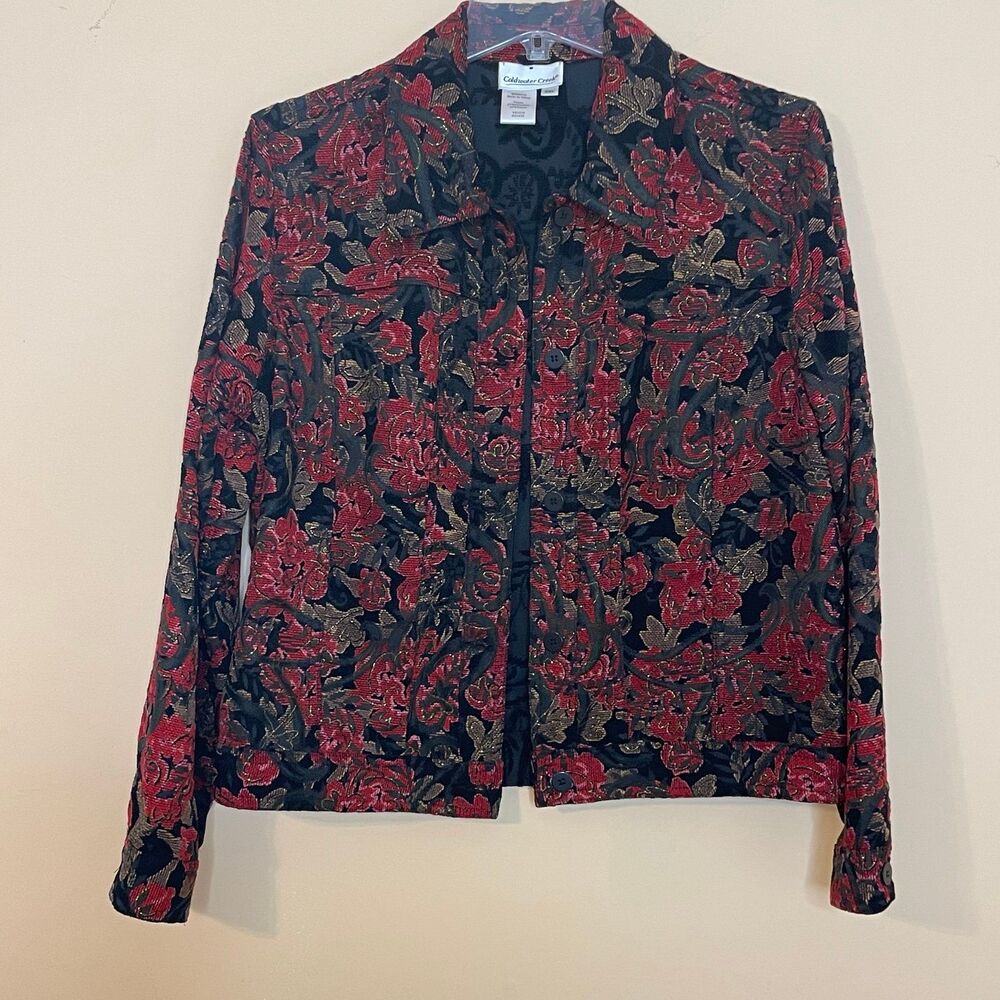 Coldwater Creek Red Embroidered Floral Corduroy Jacket small Holiday Gold Boho